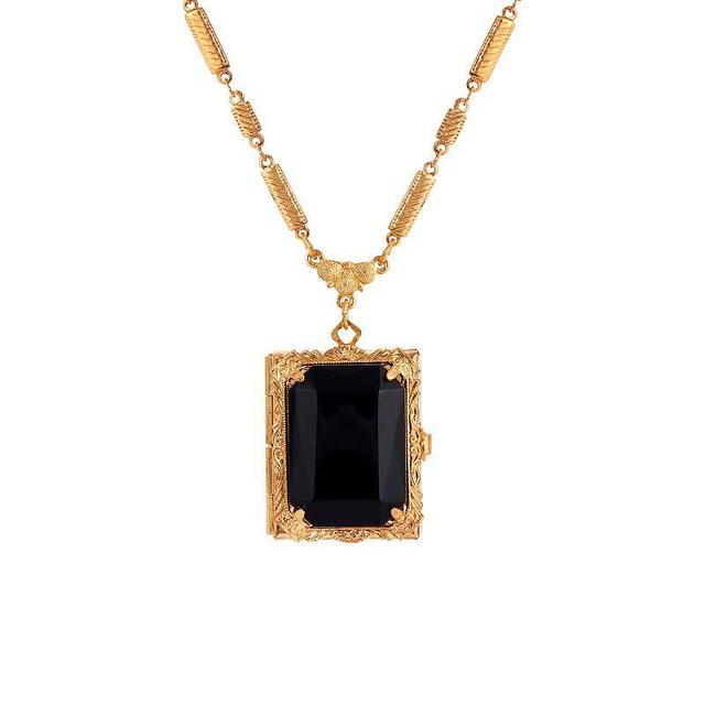 1928 Gold Tone Stone Locket Necklace, Womens, Black Product Image