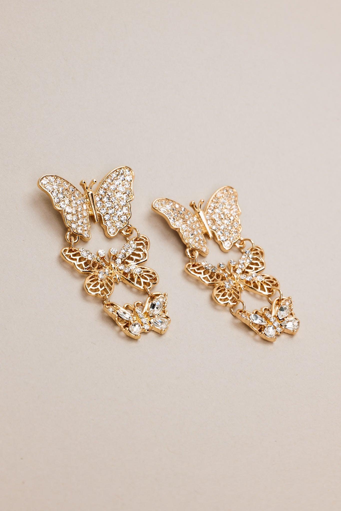 Monarch Majesty Gold Rhinestone Butterfly Drop Earrings Product Image