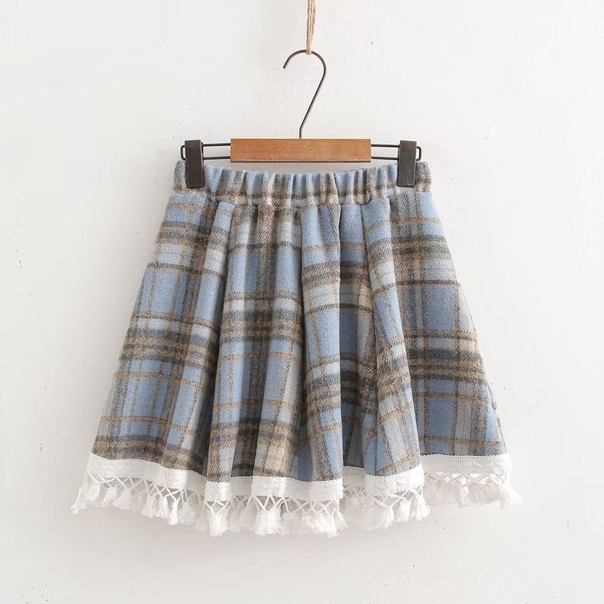 High Waist Plaid Midi A-Line Skirt Product Image