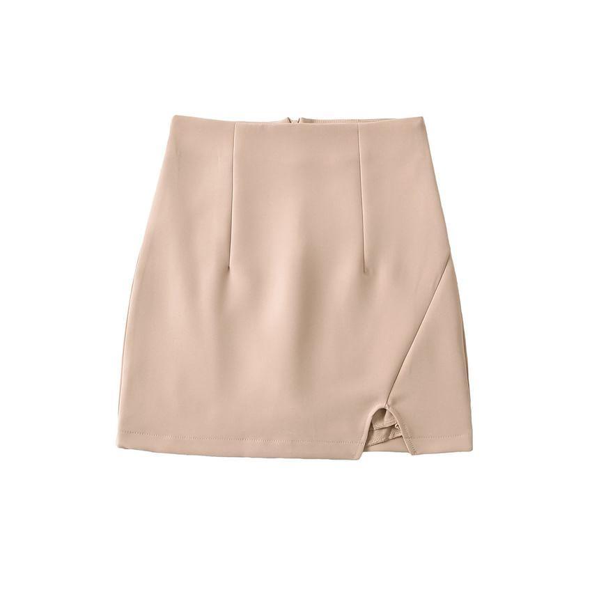 High Rise Plain Slit Panel Mini A-Line Skirt Product Image