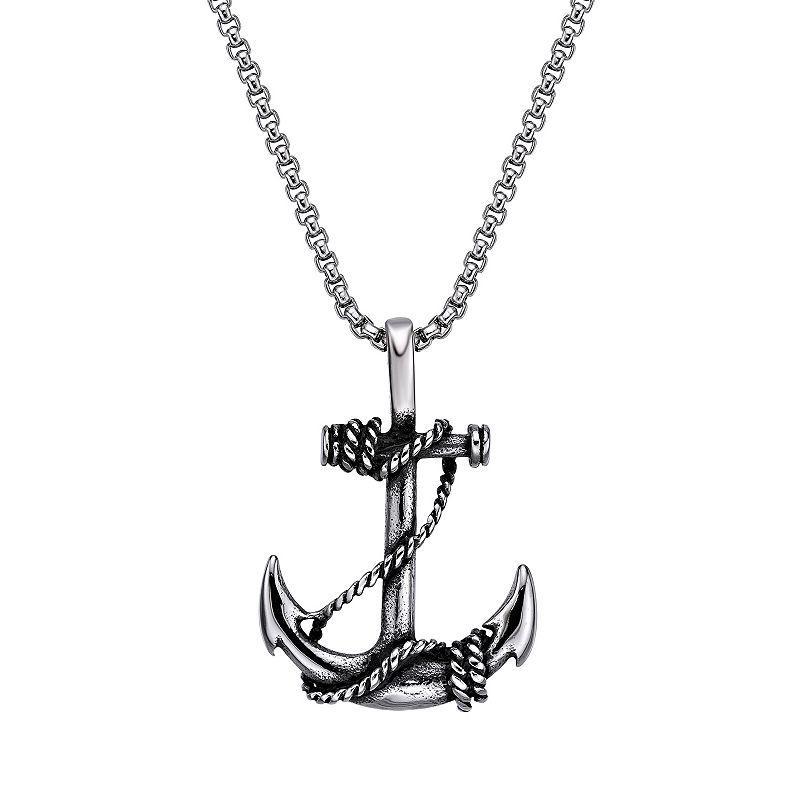 Mens LYNX Antiqued Stainless Steel Anchor Pendant Necklace White Product Image