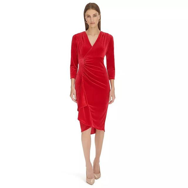 Womens Harper Rose Long Sleeve V-Neck Ruched Ruffle Midi Dress Red Product Image