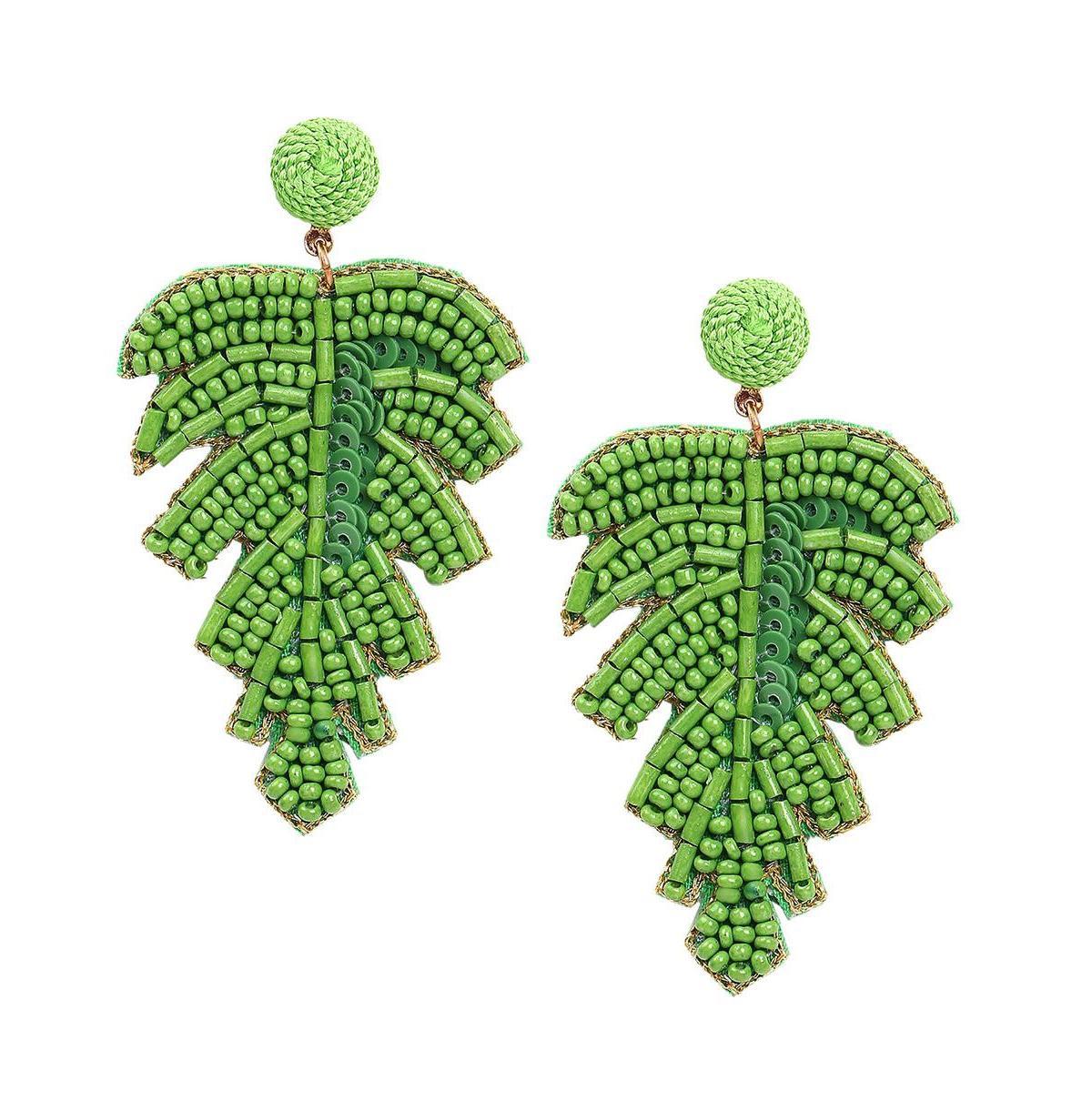 Sohi Womens Green Beaded Leaf Drop Earrings Product Image