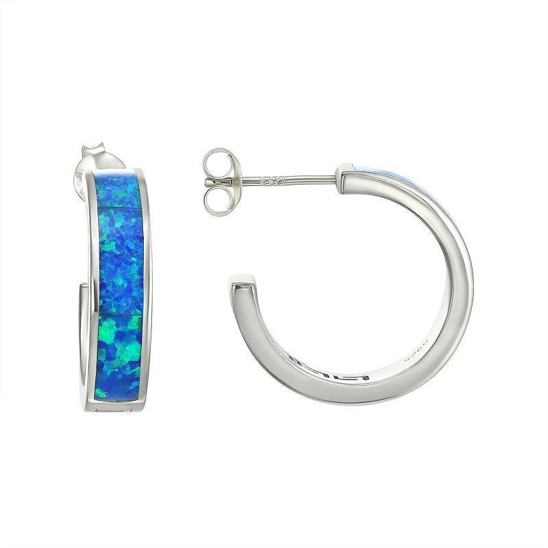 Sterling Silver Lab-Created Blue Opal C-Hoop Earrings, Womens Product Image