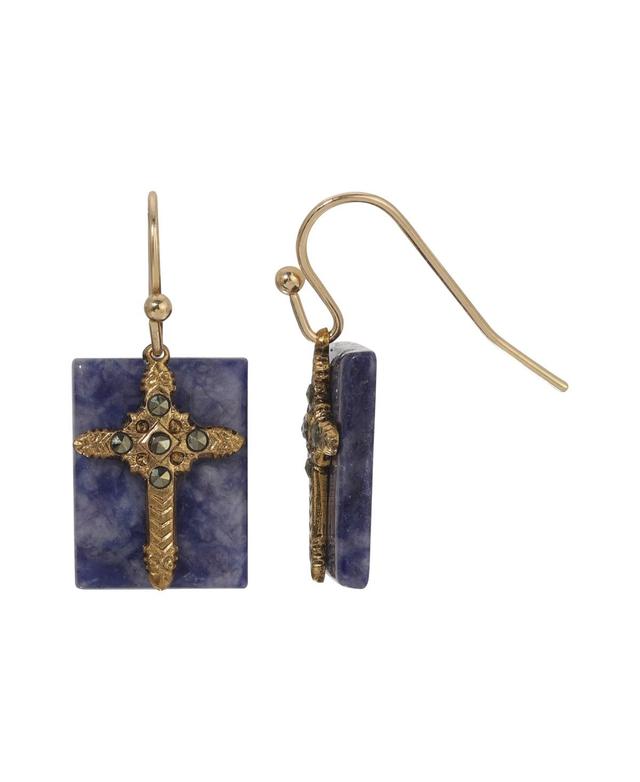 Symbols of Faith Gold Tone Semi-Precious Cross Drop Earrings, Womens, Blue Product Image