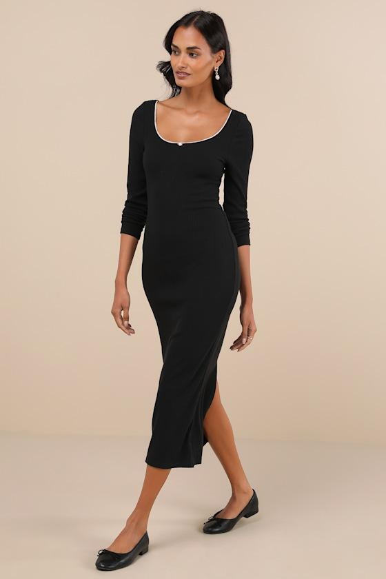 Certainly Darling Black Ribbed Long Sleeve Midi Dress product image