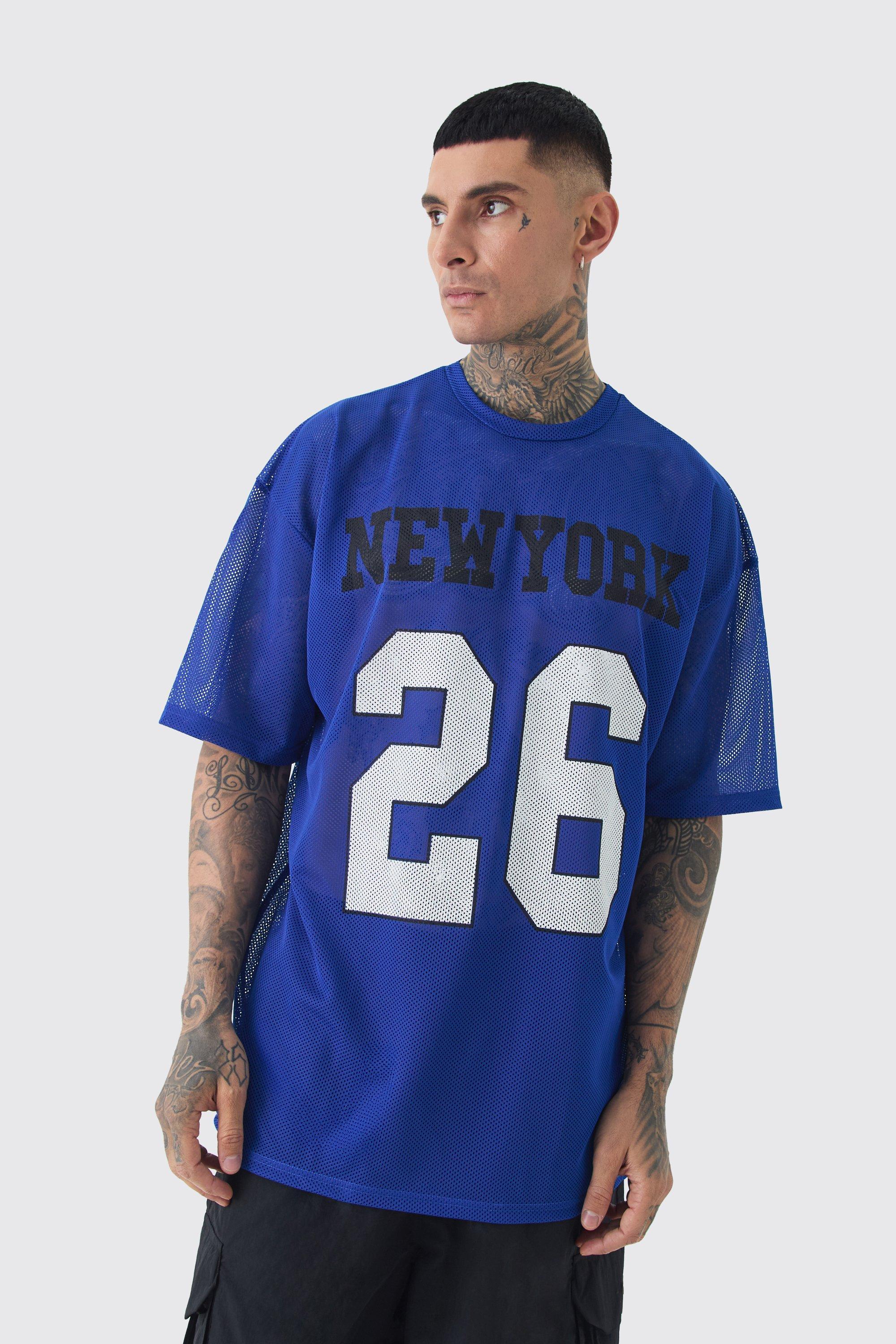 Mens Tall New York Printed Mesh Varsity T-shirt In Blue, Blue Product Image