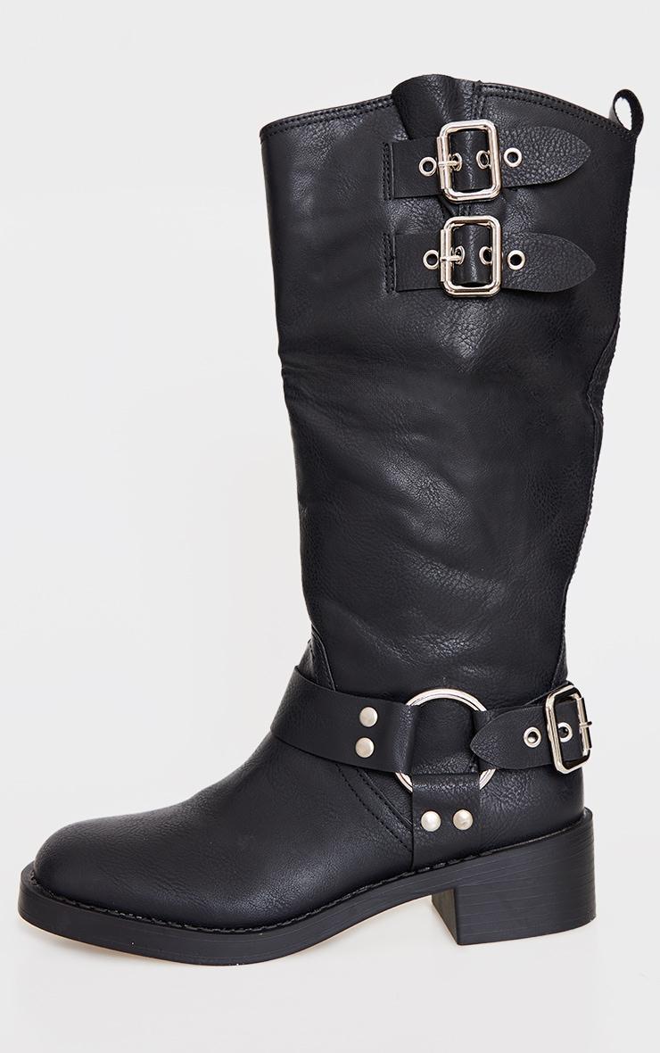 Black PU Round Toe Double Buckle Knee High Boots Product Image