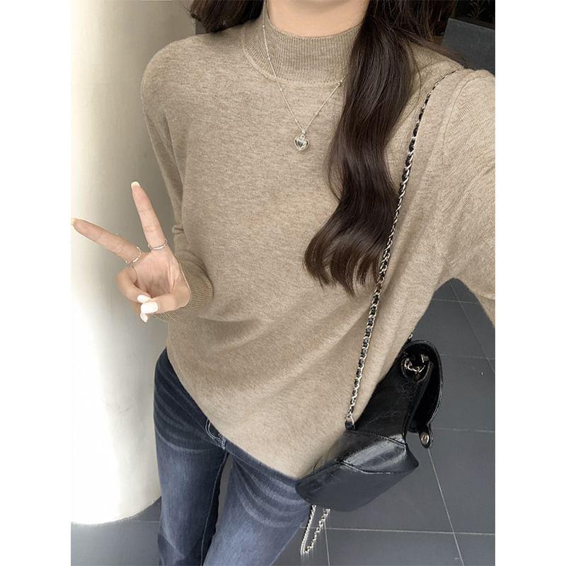 Long-Sleeve Mock Neck Plain Knit Top Product Image