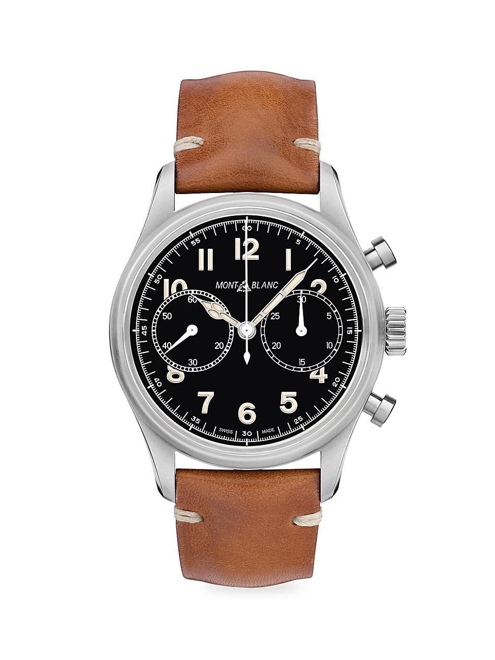 Mens 1858 Stainless Steel & Leather Strap Chronograph Watch Product Image