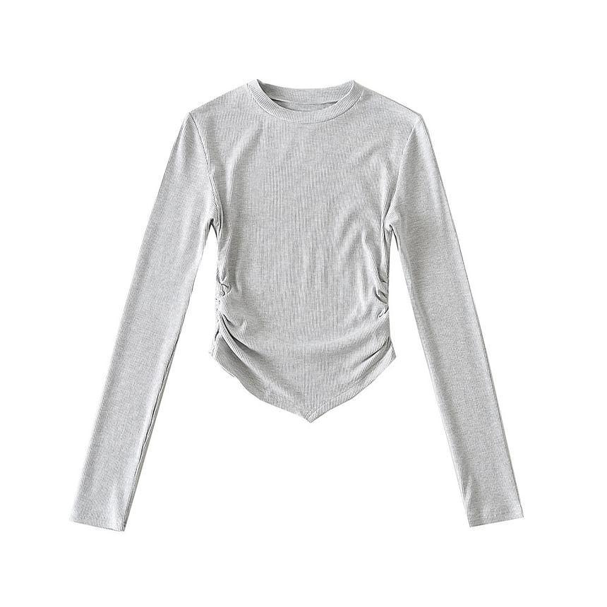 Long-Sleeve Crew Neck Plain Ruchhed Slim Fit Tee Product Image