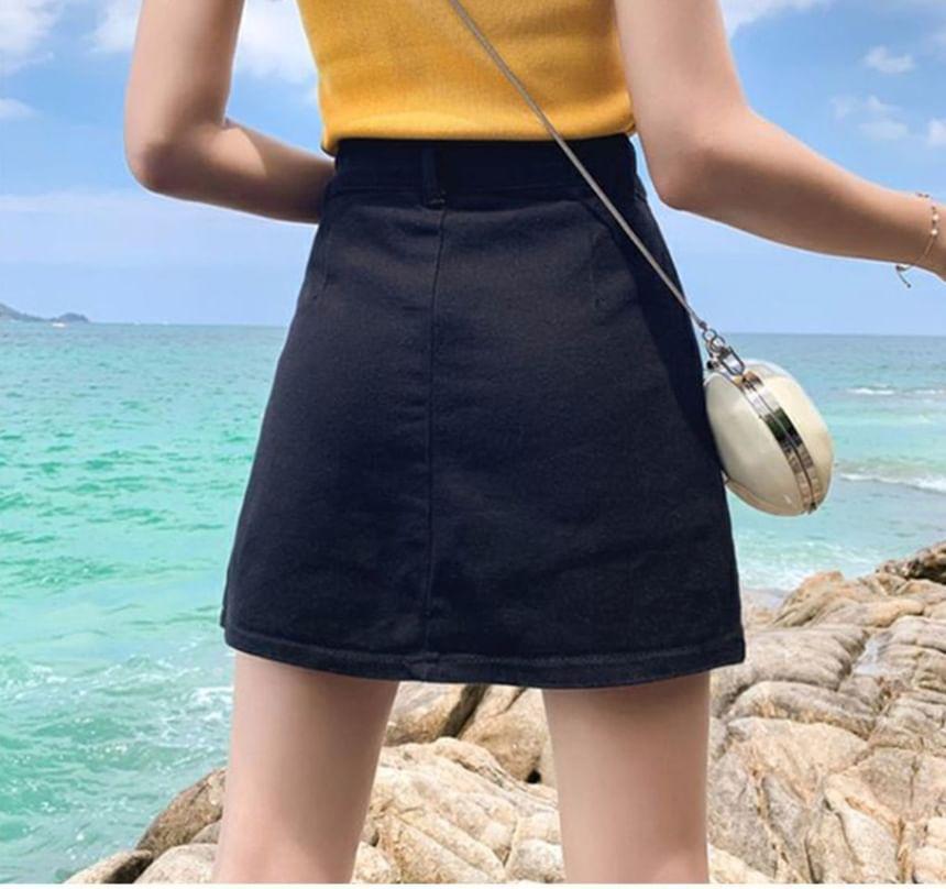 High Waist Denim Button-Up Skort Product Image