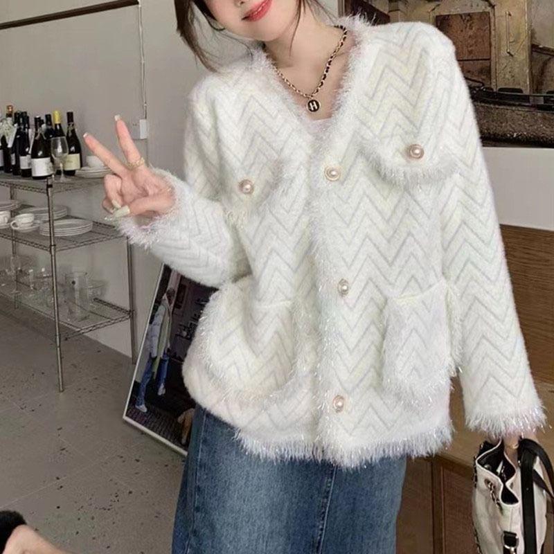 V-Neck Zig Zag Fringe Faux Pearl Button Cardigan Product Image