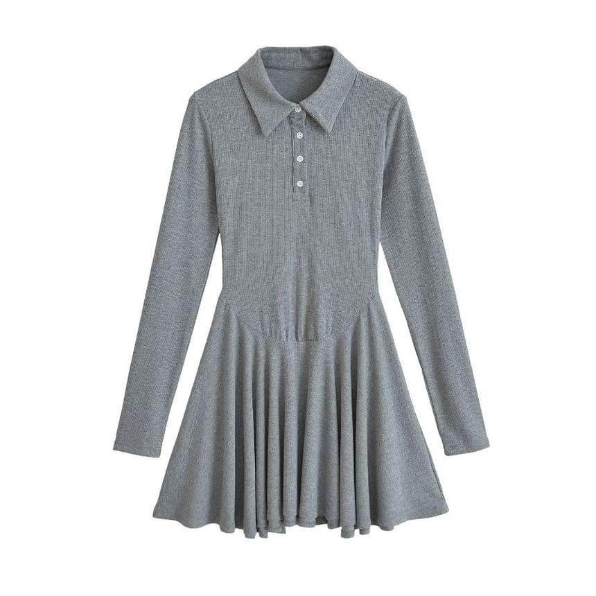 Long Sleeve Polo Collar Plain Mini A-Line Dress Product Image