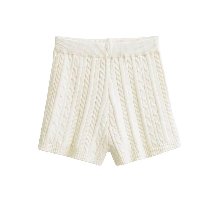 High Waist Plain Cable Knit Shorts Product Image