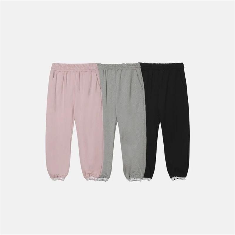 High Rise Lace-Trim Plain Loose-Fit Wide-Leg Sweatpants Product Image