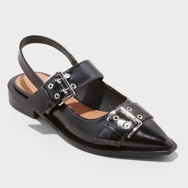 Women's Peyton Double Buckle Slingback Flats with Memory Foam Insole - Wild Fable™ Black 8.5 Product Image