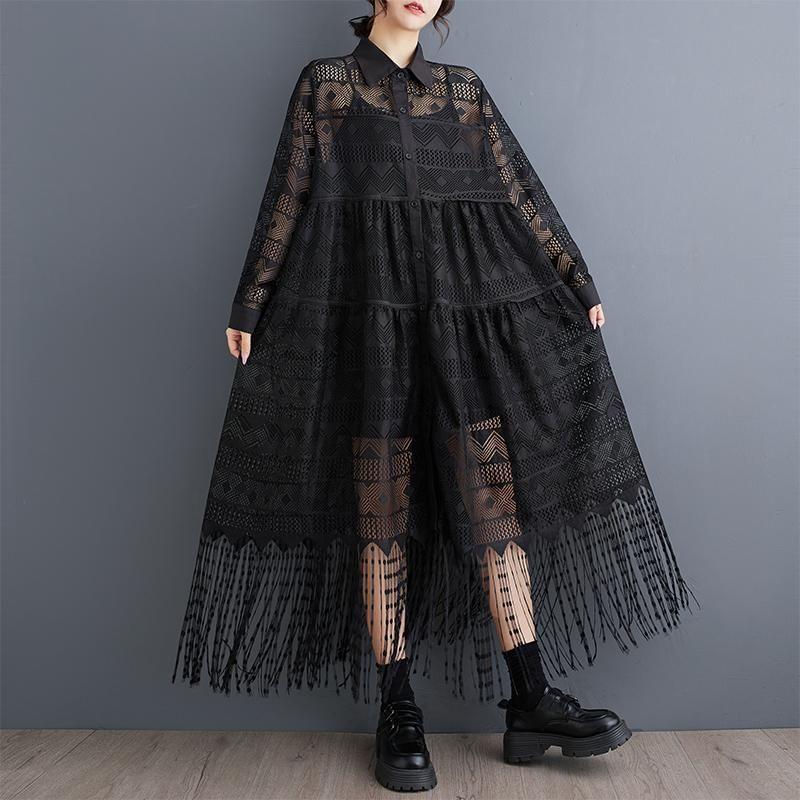 Long-Sleeve Lace Fringed Maxi Shirt Dress Product Image