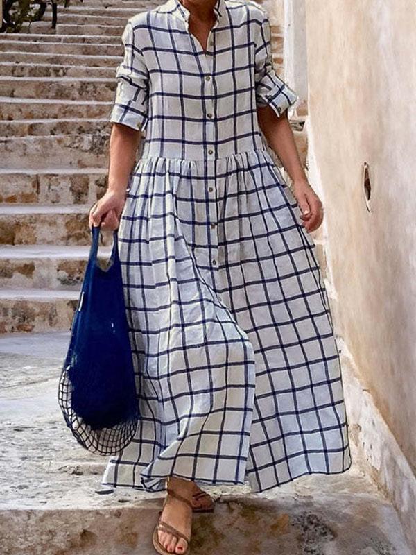 Long Sleeves Loose Buttoned Plaid Split-Joint Stand Collar Maxi Dresses Product Image