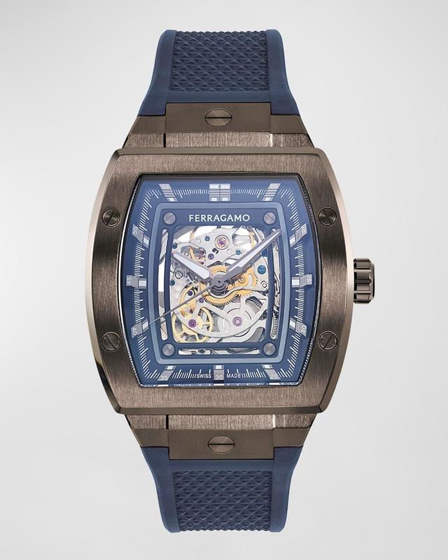 Salvatore Ferragamo Mens F-80 Tonneau Skeleton Quartz Chronograph Automatic Blue Silicone Strap Watch Product Image