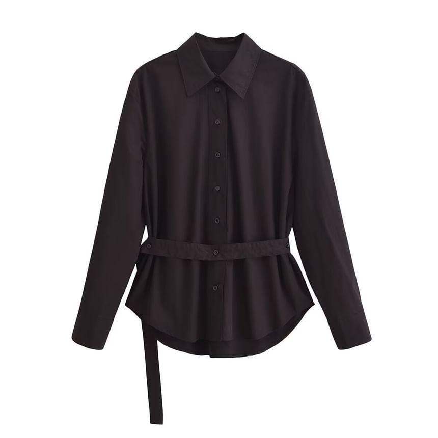 Long Sleeve Lapel Collar Plain Belted Shirt Product Image