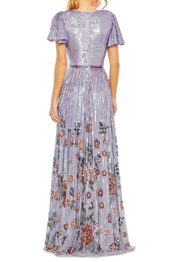 Sequin Floral Flutter Sleeve Gown In Lilac Product Image