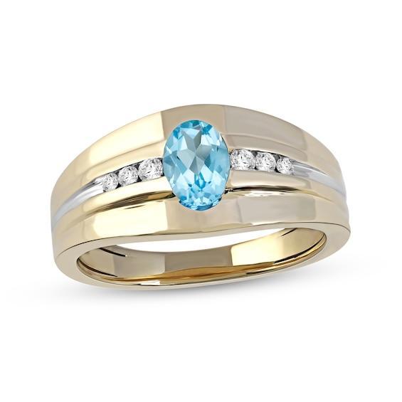 Men's Oval Swiss Blue Topaz and 1/6 CT. T.w. Diamond Tri-Sides Grooved Band in 10K Two-Tone Gold Product Image