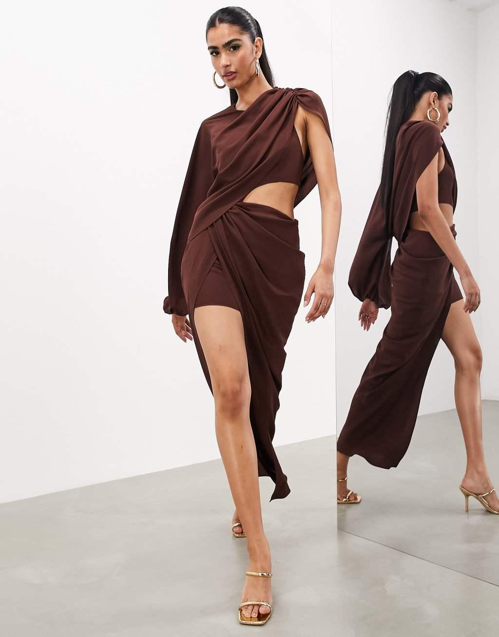 ASOS EDITION draped one sleeve maxi dress in chocolate brown Product Image