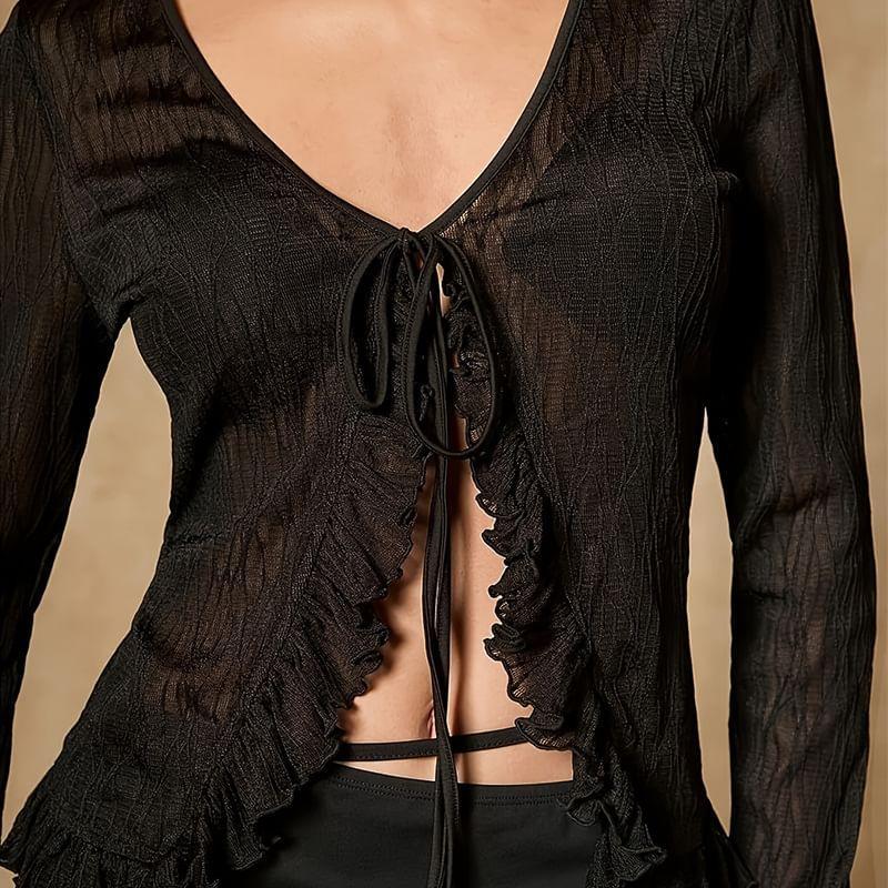 Long Sleeve V-Neck Plain Ruffle Tie Front Lace Top Product Image