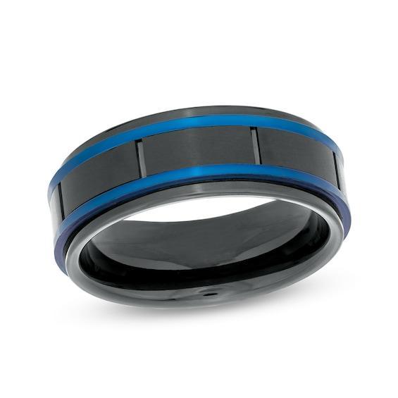 Men's 8.0mm Double Stripe Wedding Band in Tungsten with Black and Blue Ion-Plate Product Image