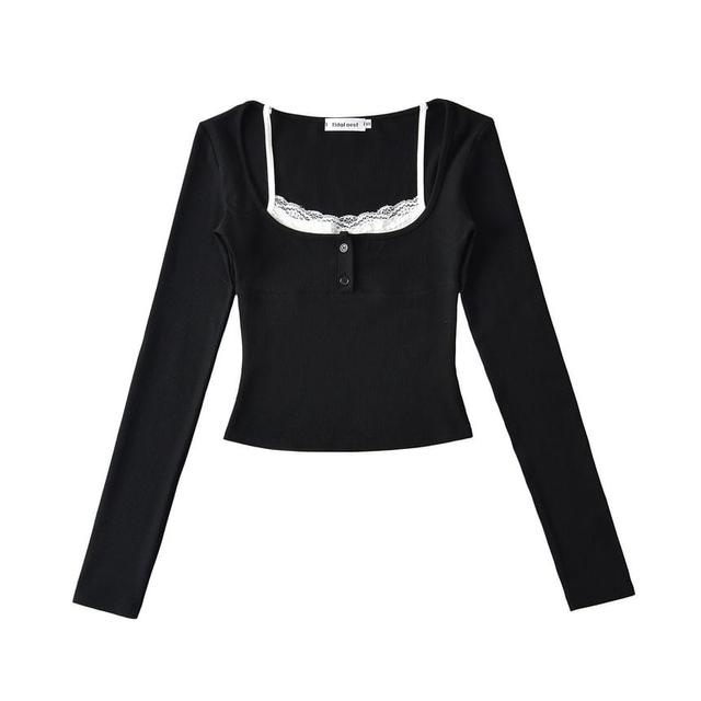 Long Sleeve Mock Two Piece Lace-Trim Color-Block Slim-Fit Top Product Image