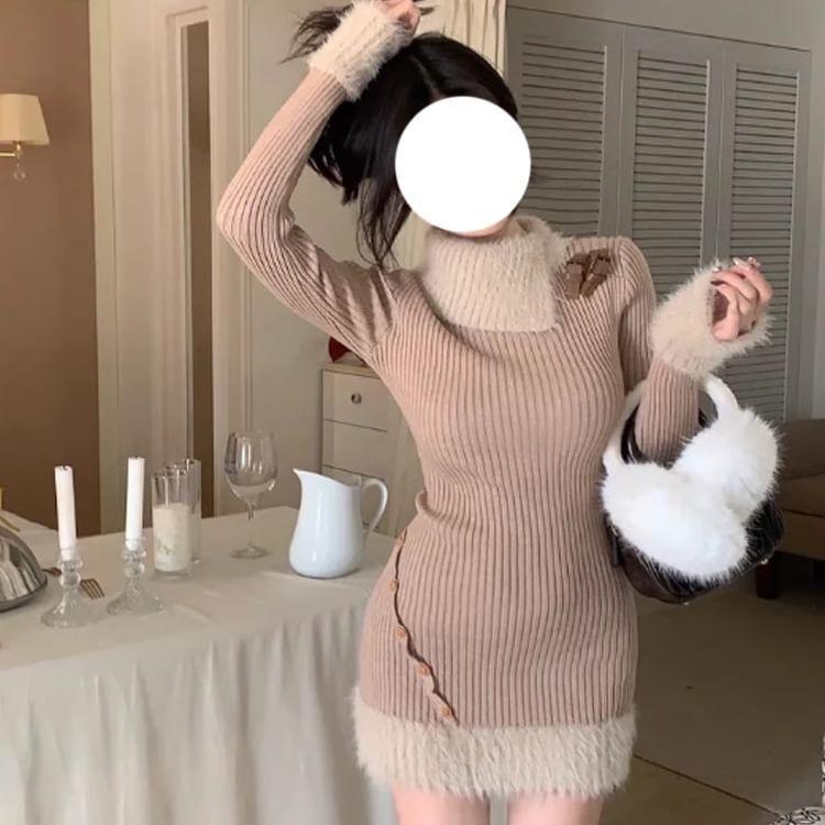 Long-Sleeve Two Tone Ribbed Mini Sheath Knit Dress Product Image