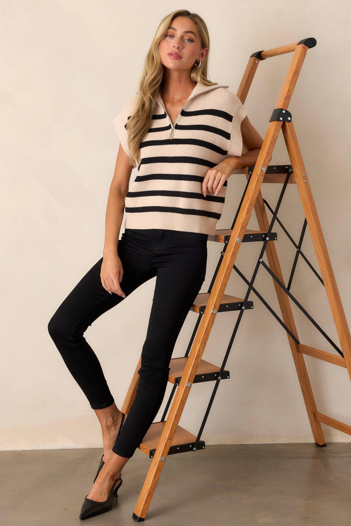 Urban Chic Ecru Stripe Zip Up Collared Sweater Top Product Image