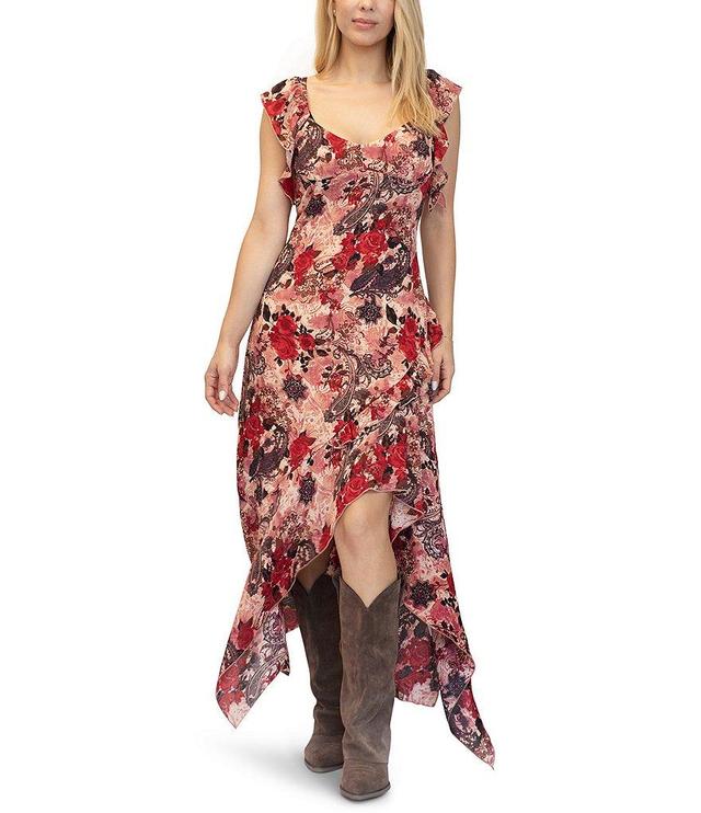 Stevie by Steve Madden Sweetheart Neck Floral Ruffle Sleeve Asymmetrical Dress Product Image