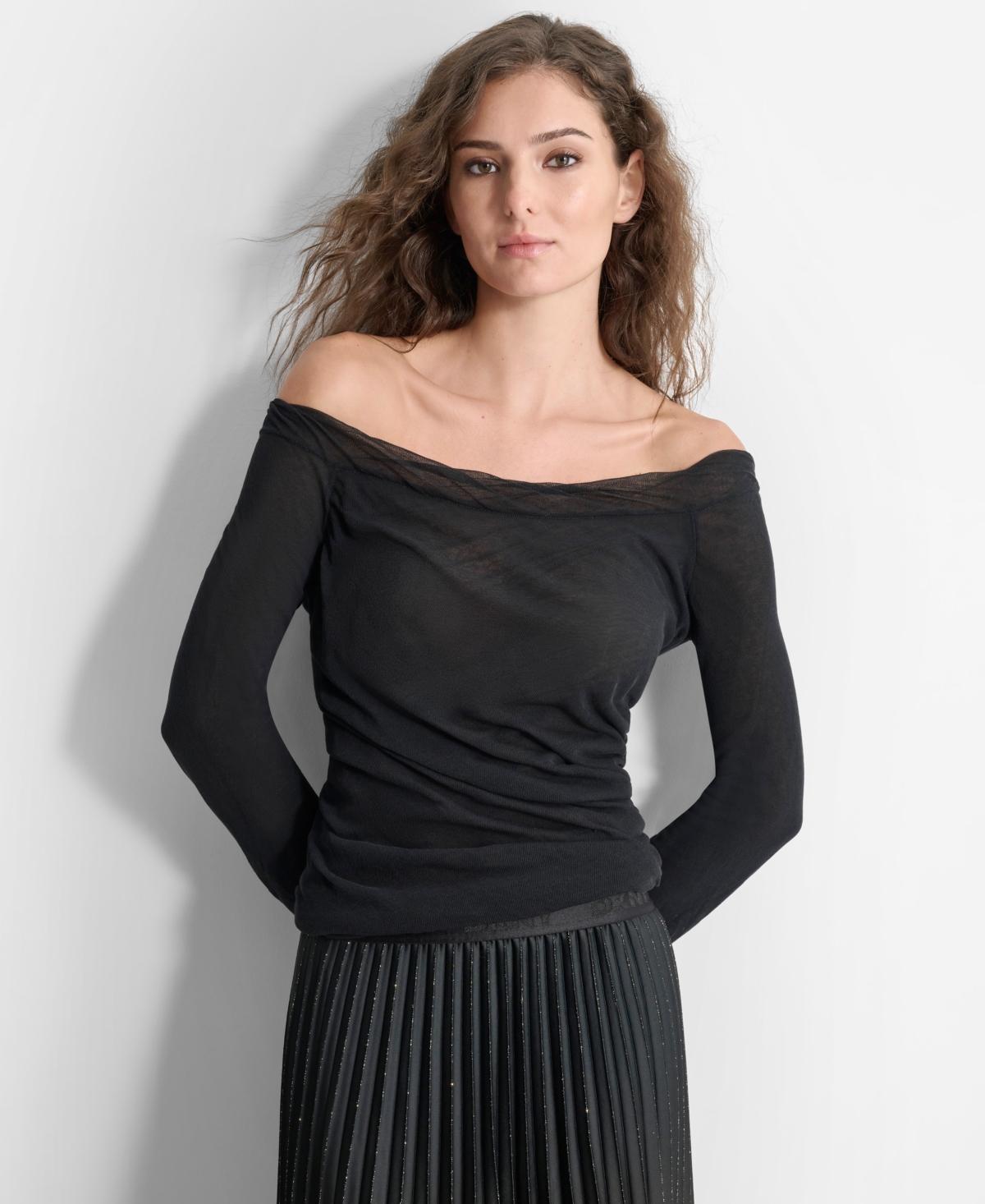 Dkny Womens Off-The-Shoulder Long-Sleeve Wrap-Hem Top Product Image