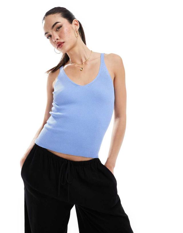 Mango ribbed strap tank top in light blue Product Image