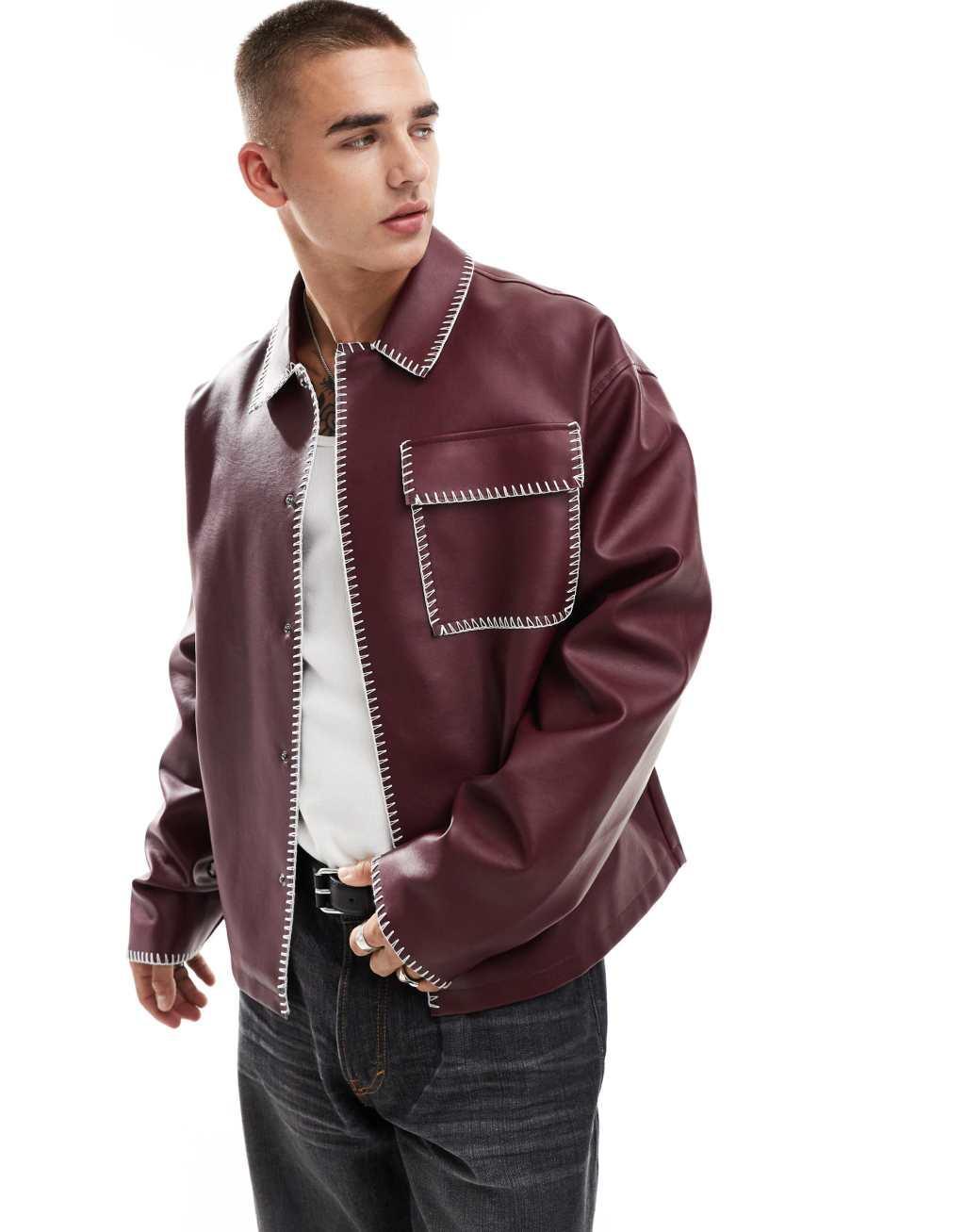 ASOS DESIGN faux leather harrington jacket with contrast stitch in burgundy Product Image