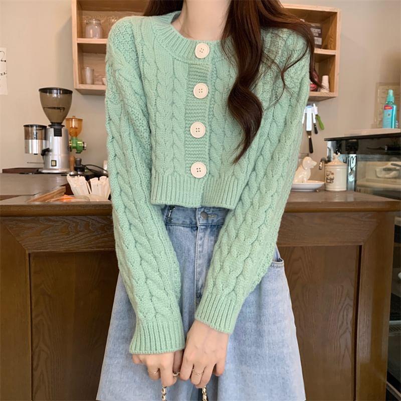 Round Neck Plain Cable Knit Cardigan Product Image