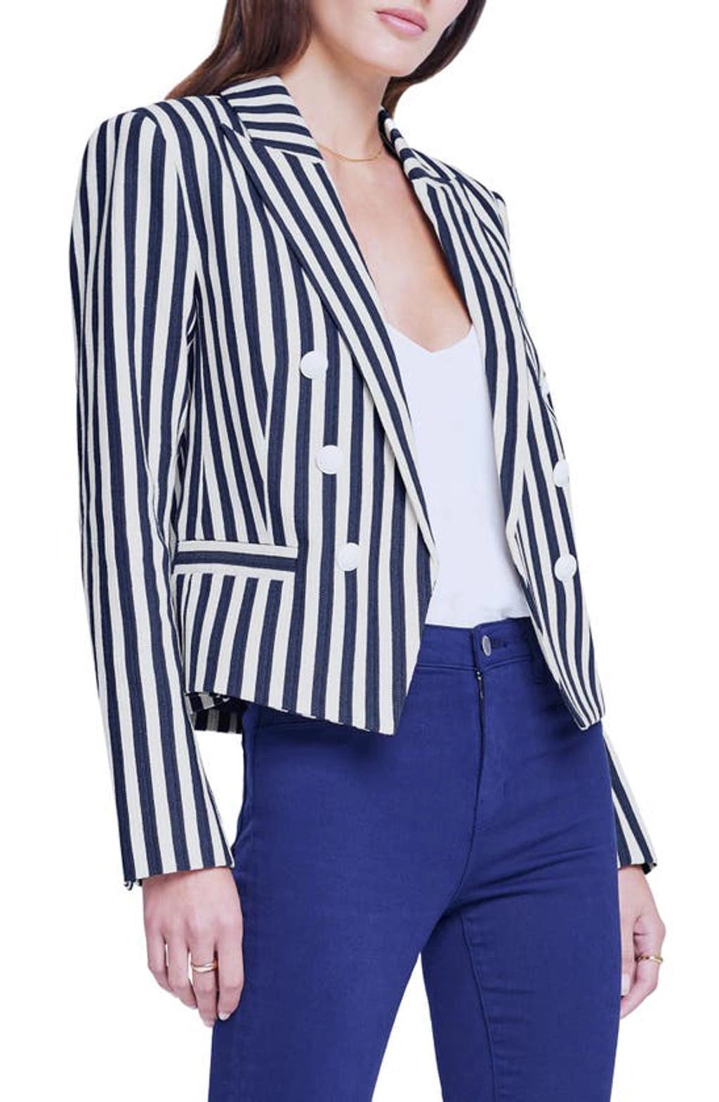 Brooke Striped Cropped Blazer In Navy Ecru Stripe Product Image