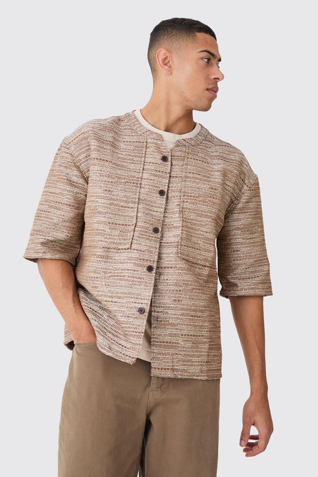 Collarless Drop Shoulder Oversized Boucle Shirt | boohooMAN USA Product Image