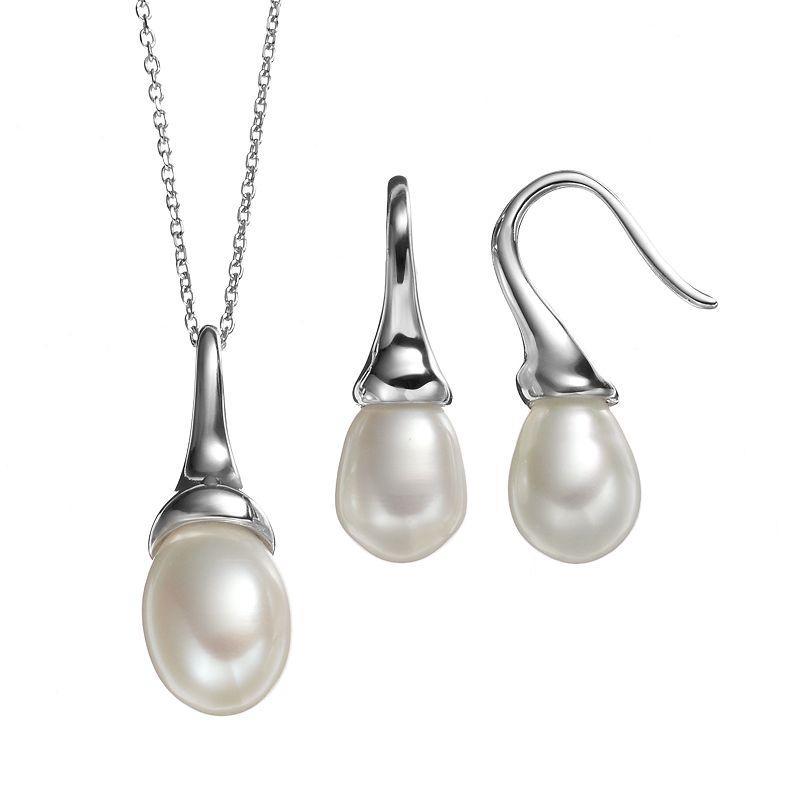 Freshwater Cultured Pearl Sterling Silver Pendant Necklace & Drop Earring Set, Womens White Product Image