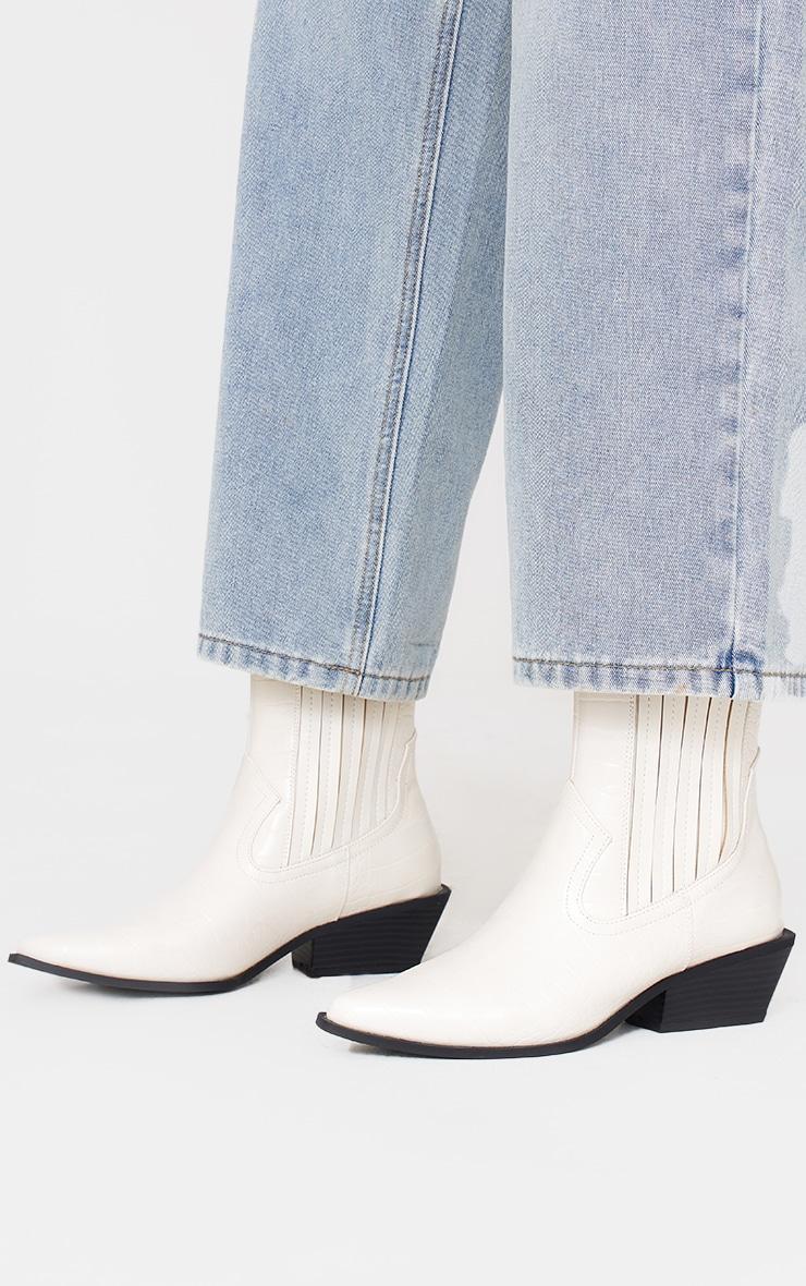 White Croc PU Point Toe Low Block Heel Western Ankle Boots product image