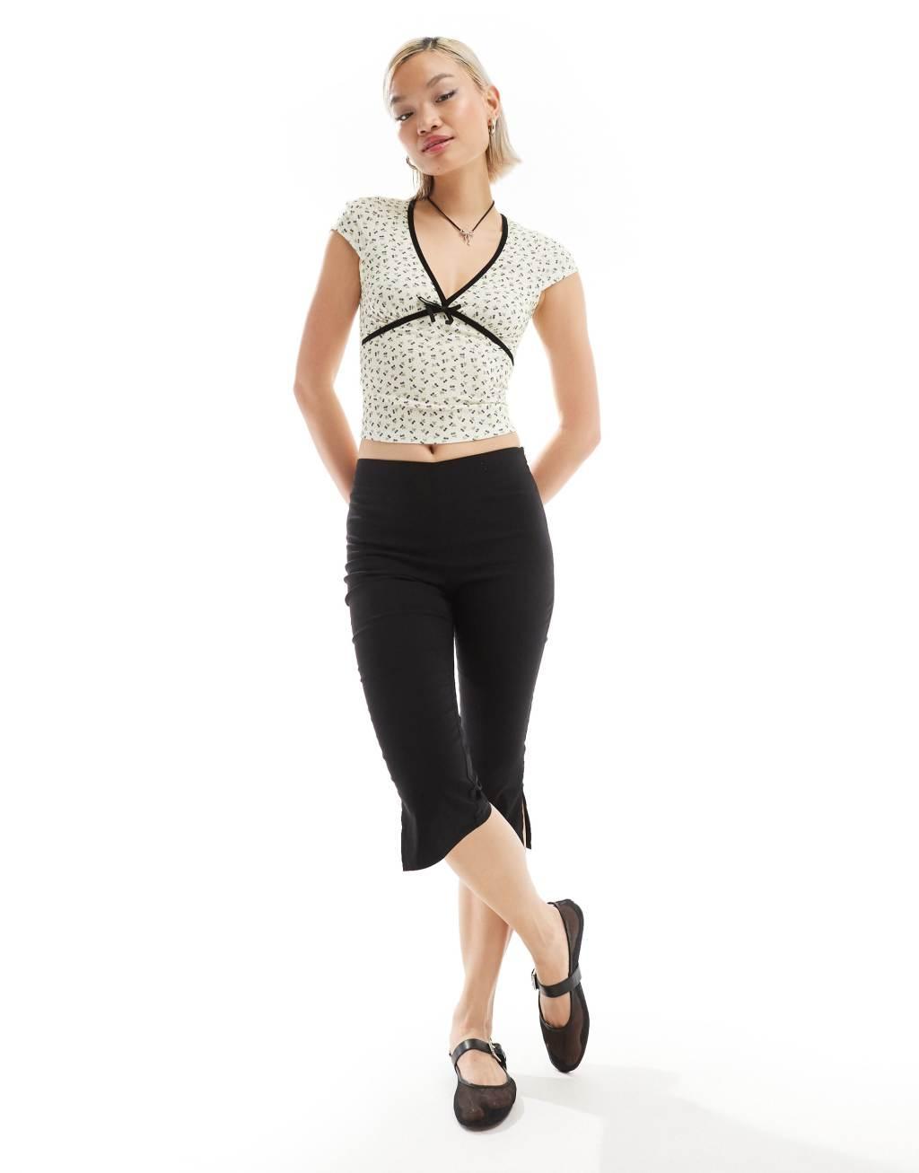 Glamorous v neck crop top in cherry pointelle with velvet ribbon Product Image