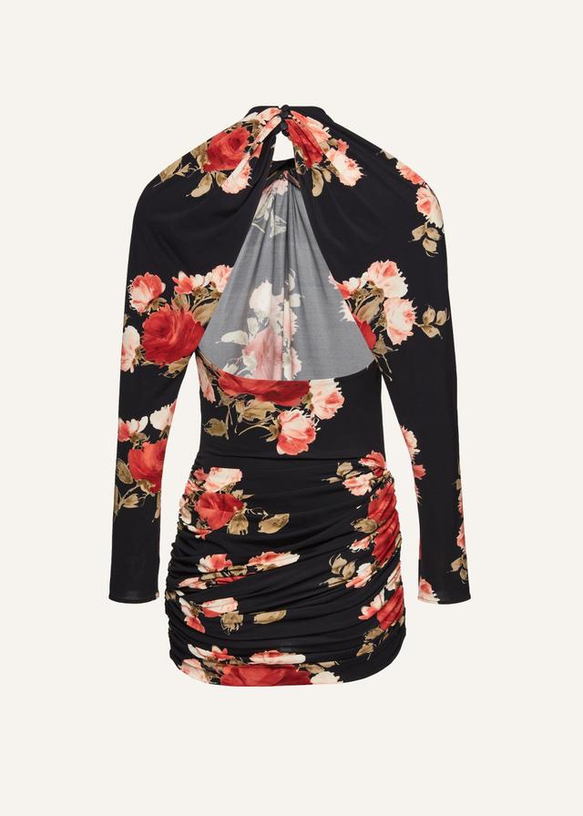 Floral-print draped mini dress in black print Product Image