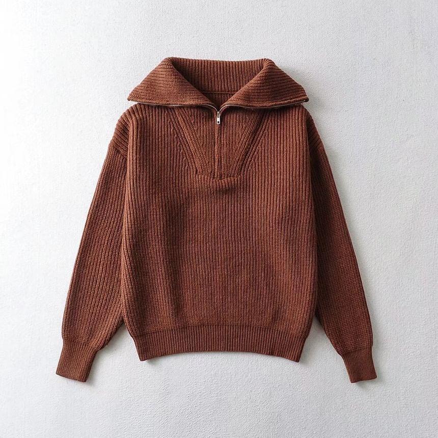 Half-Zip Plain Ribbed Sweater Product Image