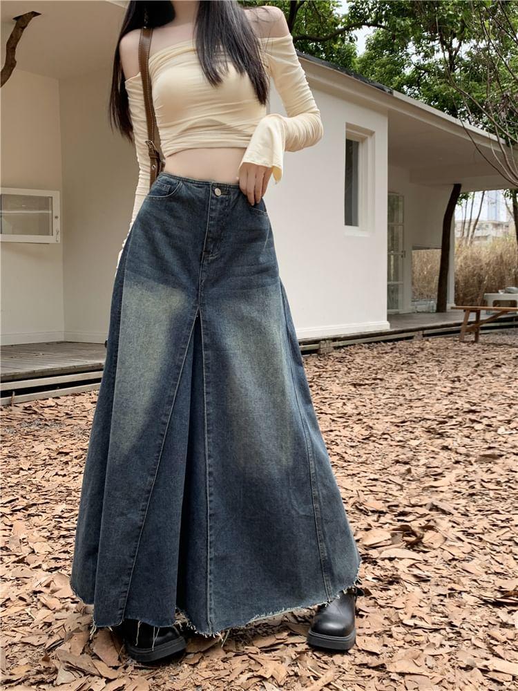 High Rise Frayed Denim Maxi A-Line Skirt Product Image