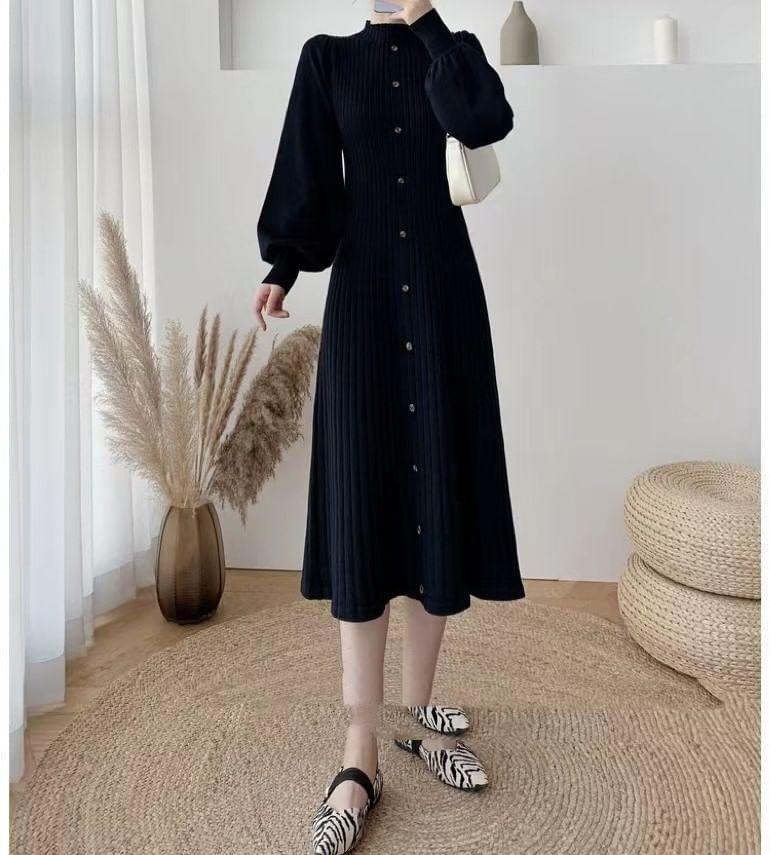 Puff-Sleeve High Neck Plain Ribbed Midi Knit Dress Product Image