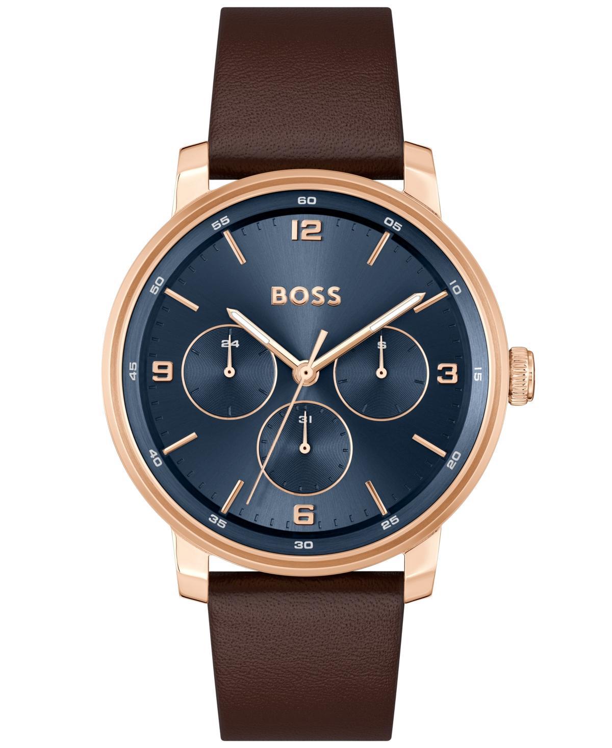 Hugo Boss Mens Contender Multifunction Brown Leather Strap Watch Product Image