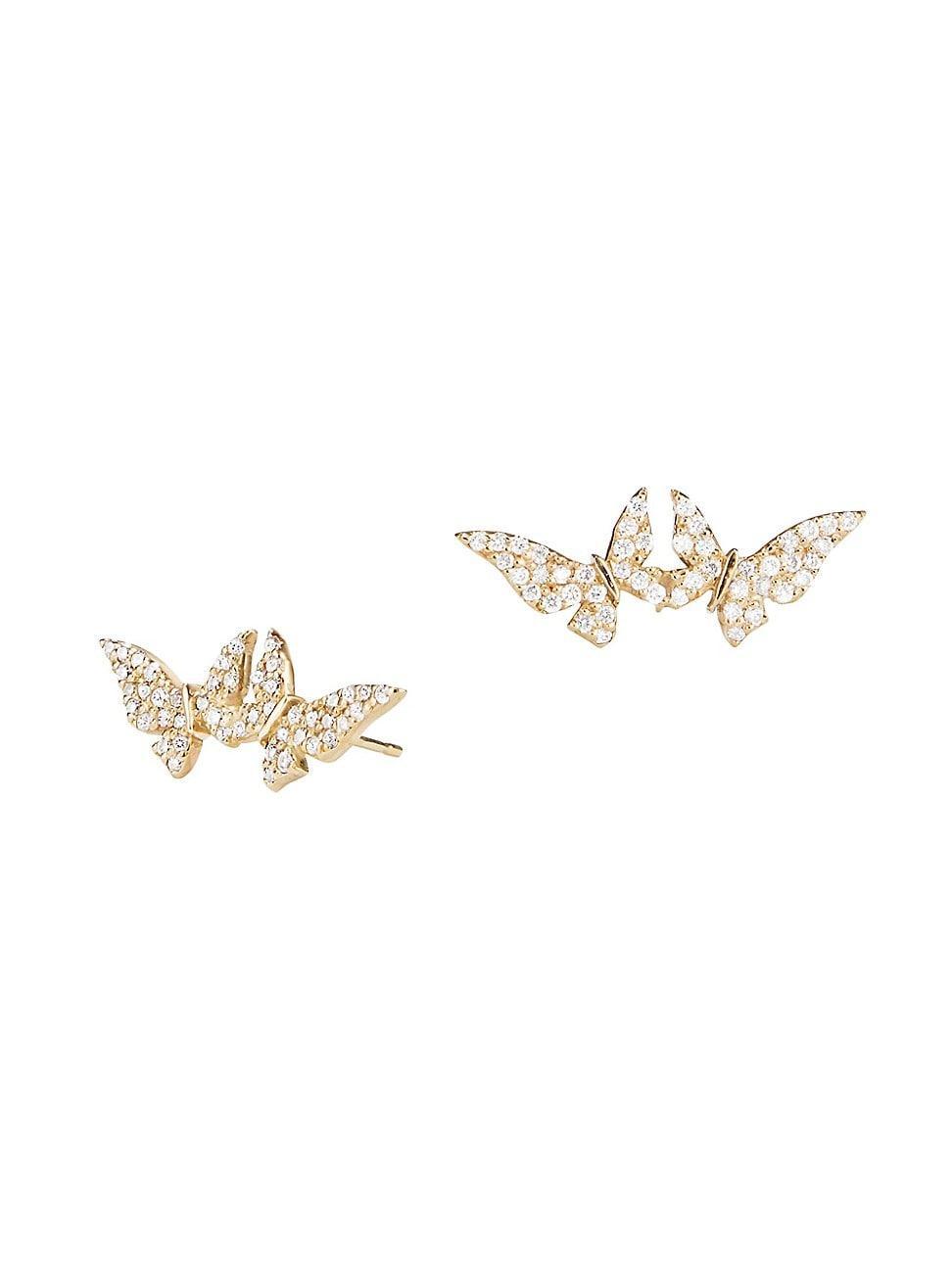 Womens 14K Yellow Gold & Diamond Double Butterfly Stud Earrings Product Image