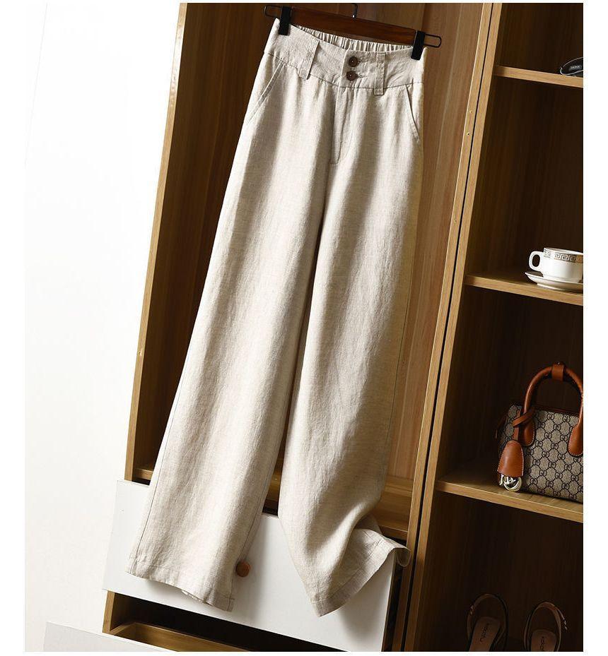 High Waist Linen Plain Wide Leg Pants Product Image